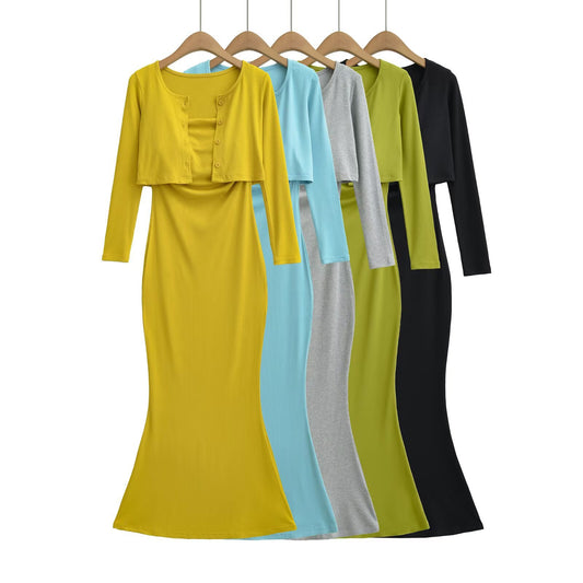 Long Strap Dress Cardigan Two-Piece Set | Tajstylo