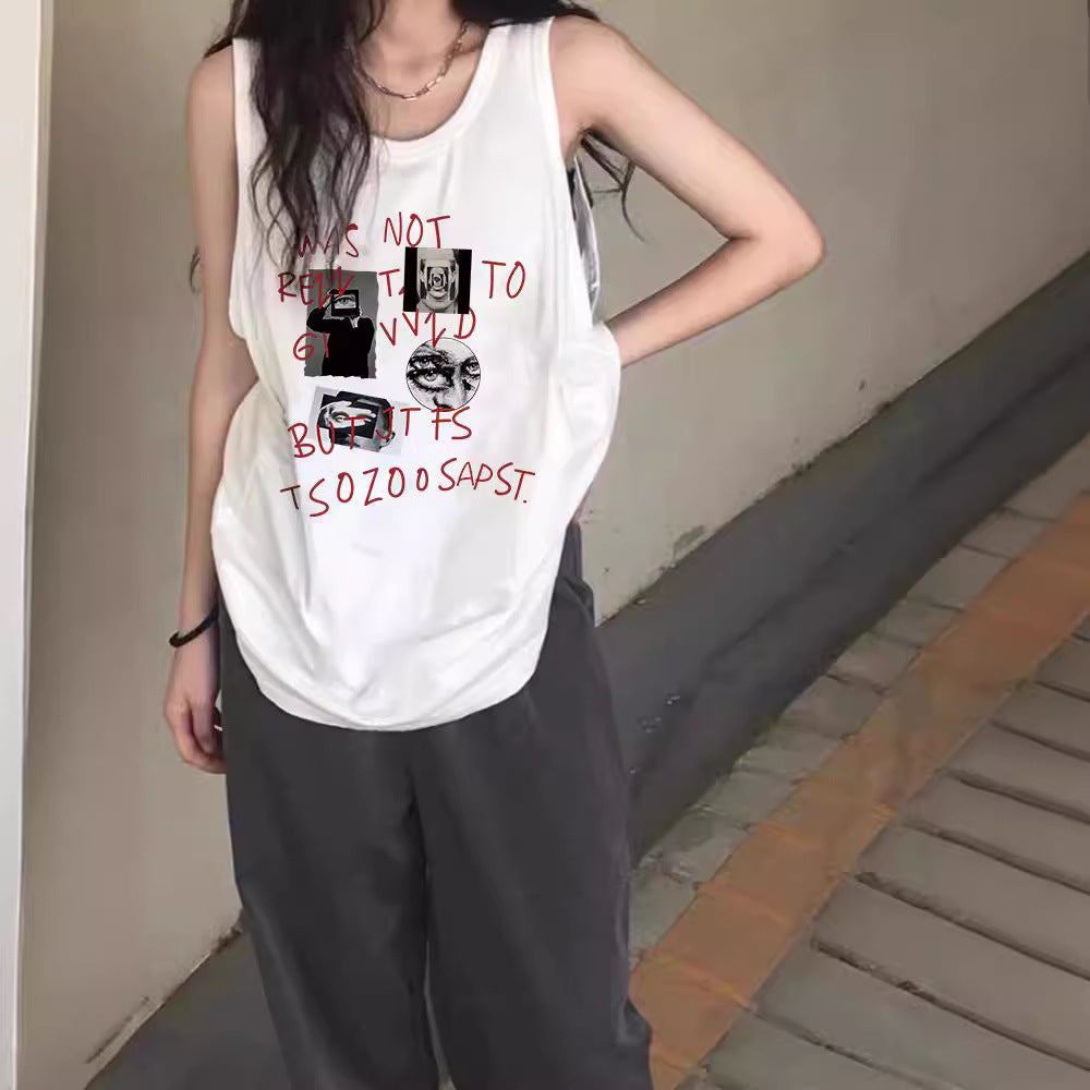 Woman wearing Printed Sleeveless Vest for women in a casual setting