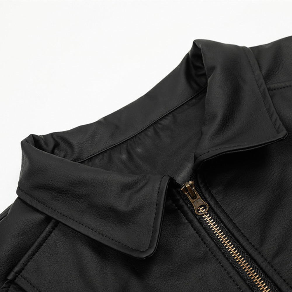 Woman wearing PU Leather Flip Collar Loose Fit Jacket in urban setting