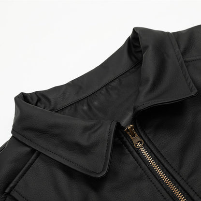 Woman wearing PU Leather Flip Collar Loose Fit Jacket in urban setting