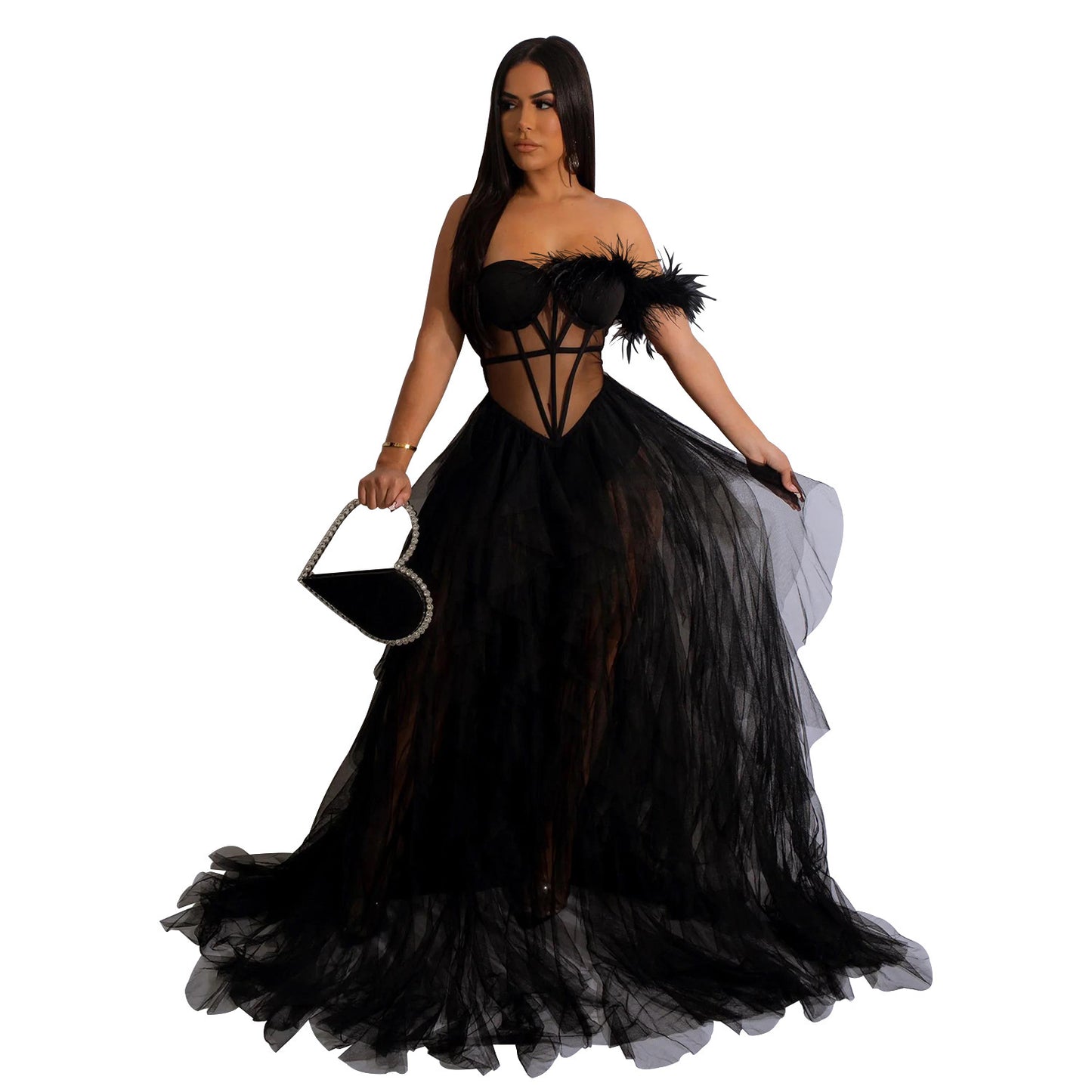 Woman wearing Sleeveless Bustier Mesh Maxi Dress in an elegant evening setting