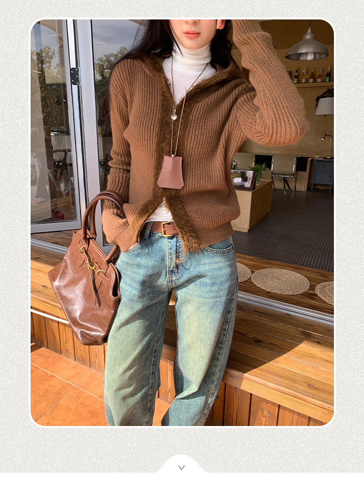 Hooded Knit Cardigan with Fur Collar | Tajstylo
