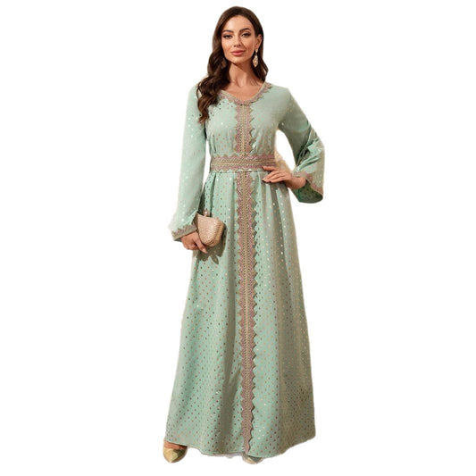 Long Sleeved V-Neck Dress with Belt | Tajstylo