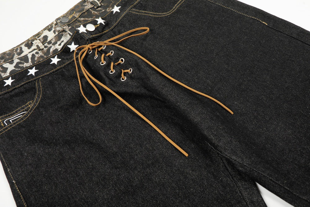 Leopard Print Spliced Denim Pants | Tajstylo