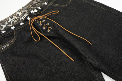 Leopard Print Spliced Denim Pants | Tajstylo