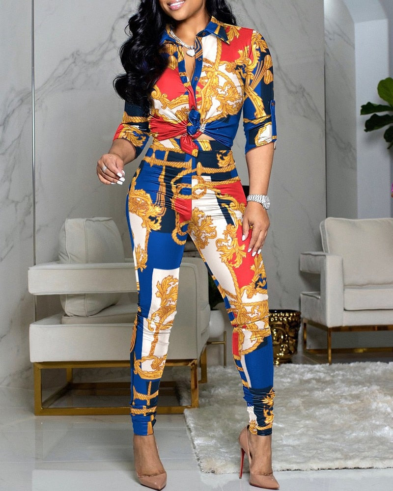 Woman wearing Chain Print Two Piece Set in an autumn setting