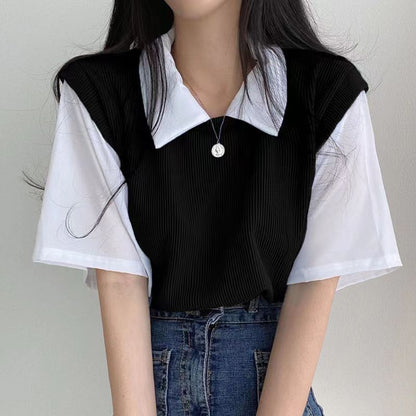 Two Tone Polo Neck Short Sleeve Top | Tajstylo