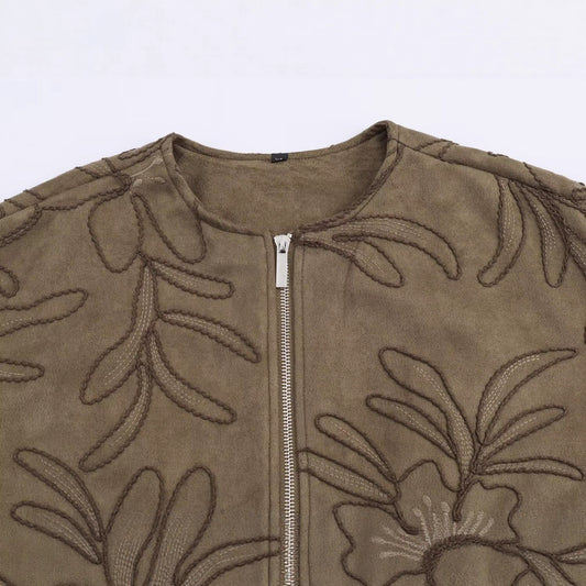 Embroidered Suede Texture Pilot Jacket | Tajstylo