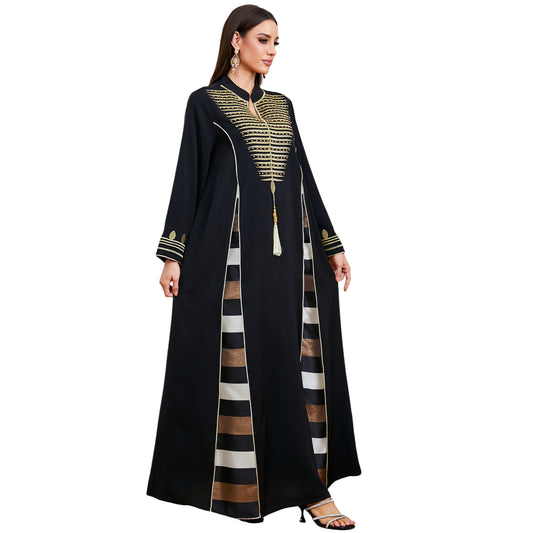 Embroidered Robe Spliced Striped Dress | Tajstylo