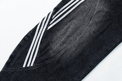 Retro Street Washed Three-Stripe Deconstructed Wide-Leg Jea | Tajstylo
