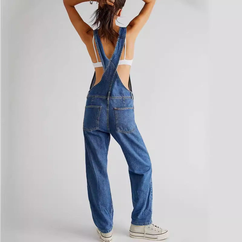 Woman wearing Strap Denim Pants in a casual setting