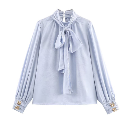 Embroidered Satin Bow Detail Blouse | Tajstylo