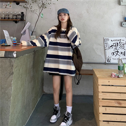 Casual Loose Stripe Long Sleeve T-Shirt | Tajstylo