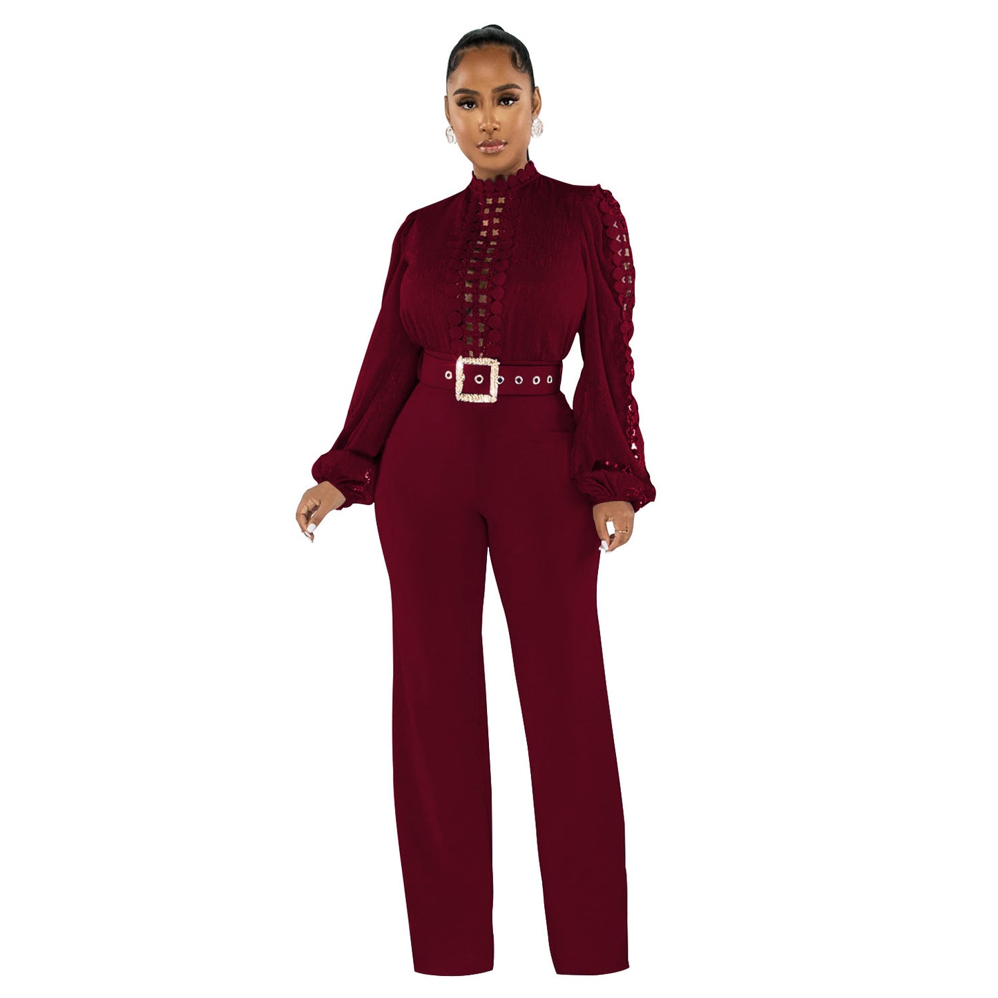 Woman wearing Belted Ruffle Cut-Out Full Length Jumpsuit in a stylish setting