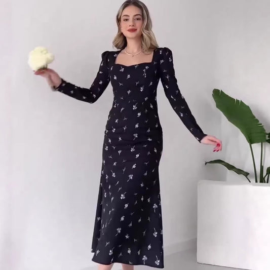 Floral Long Sleeve A-Line Dress | Tajstylo