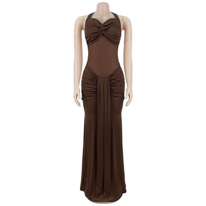 Sheer Mesh Halter Tie-Back Bodycon Dress | Tajstylo