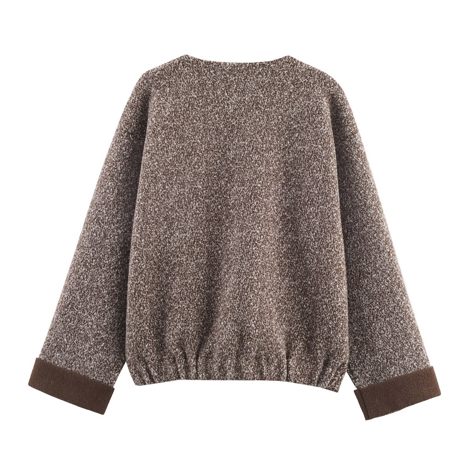 Woman wearing Flower Yarn Cocoon Sweater Jacket in a cozy setting
