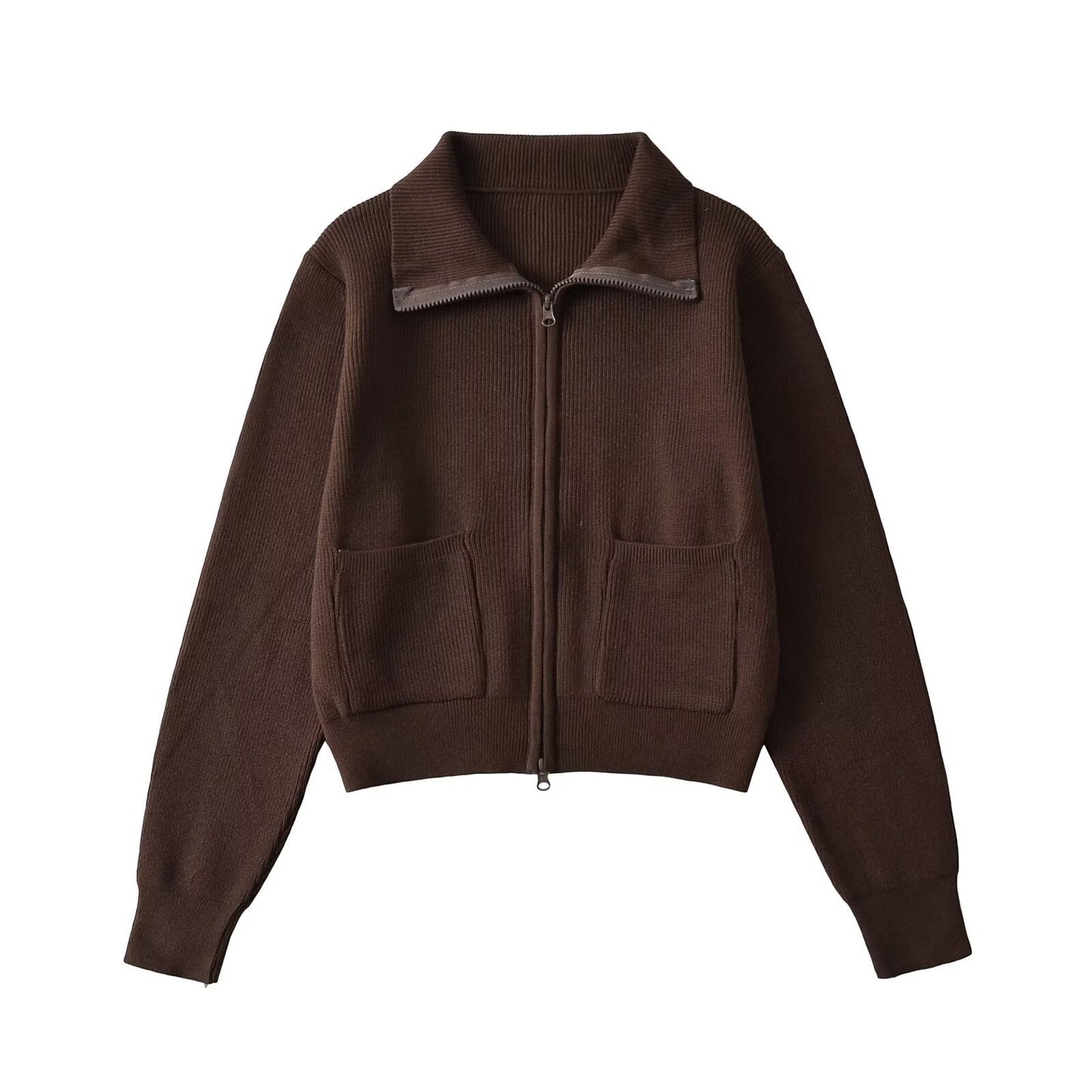 Woman wearing Zipper Lapel Long Sleeve Pocket Top in casual setting