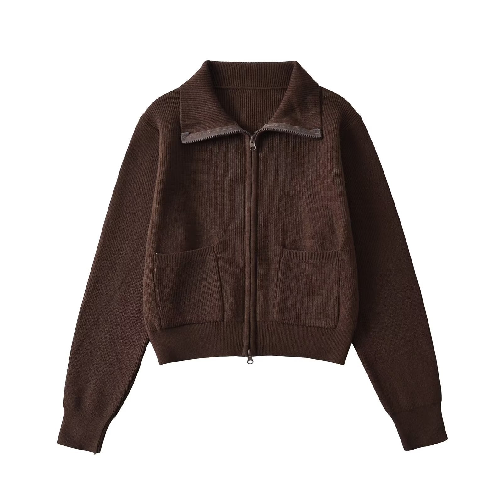 Woman wearing Zipper Lapel Long Sleeve Pocket Top in casual setting