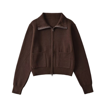 Woman wearing Zipper Lapel Long Sleeve Pocket Top in casual setting