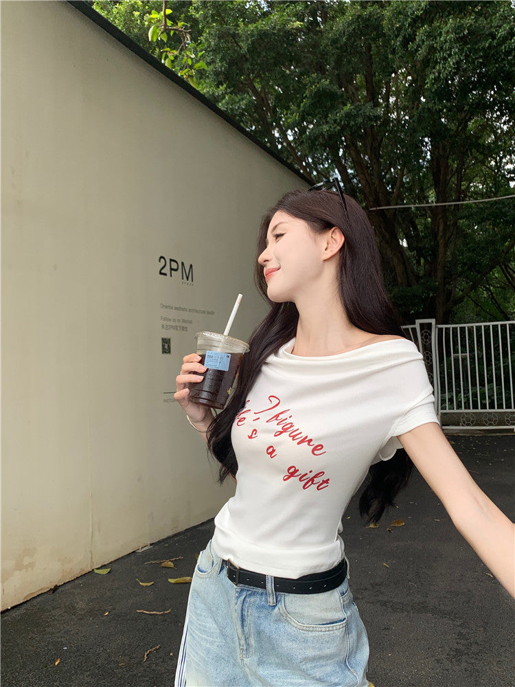 One Shoulder Fitted Crop Top with Letter Print | Tajstylo