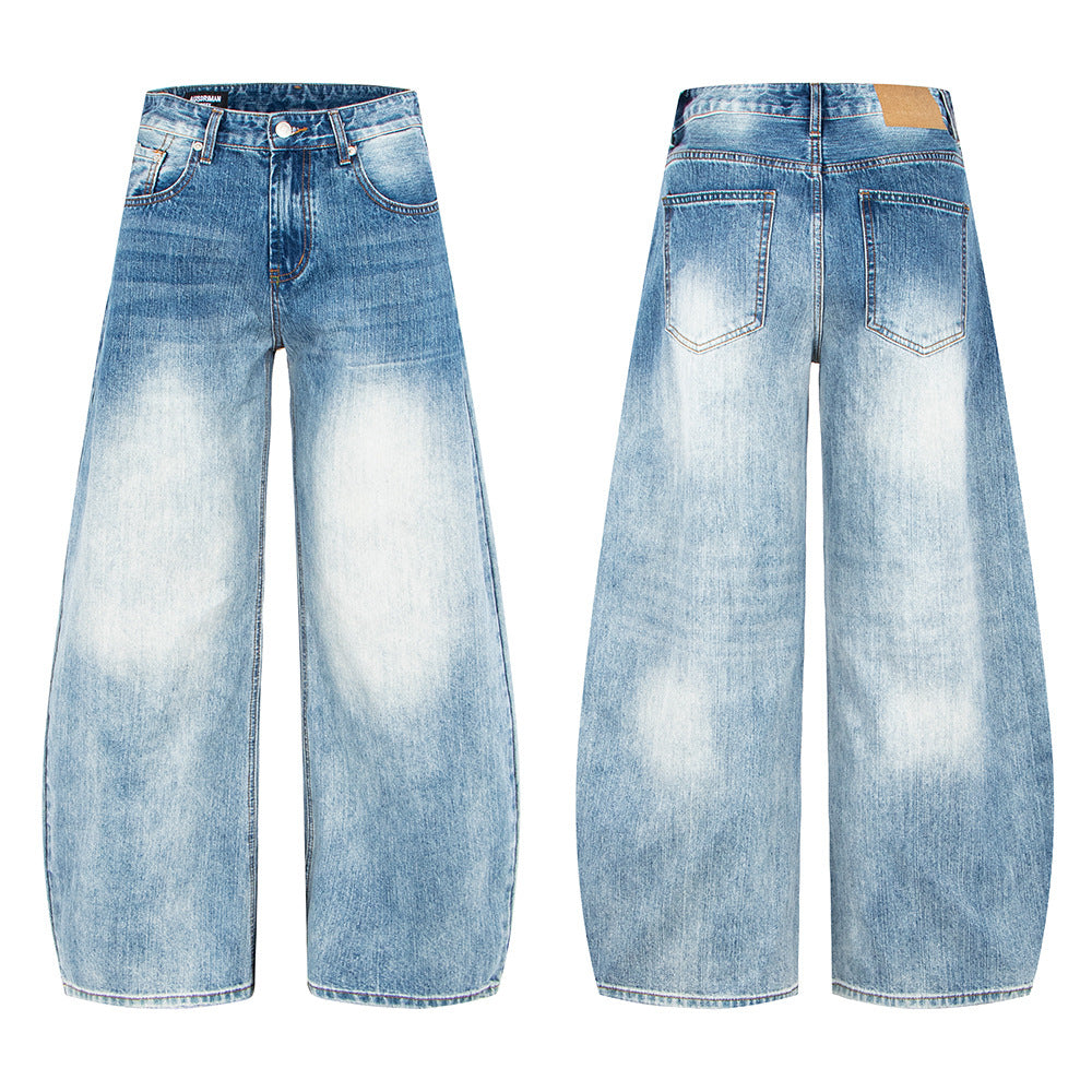 Woman wearing Vintage Bamboo Texture Loose Fit Jeans in a city setting