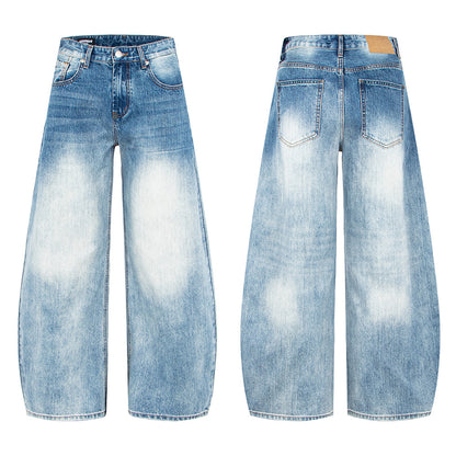 Woman wearing Vintage Bamboo Texture Loose Fit Jeans in a city setting
