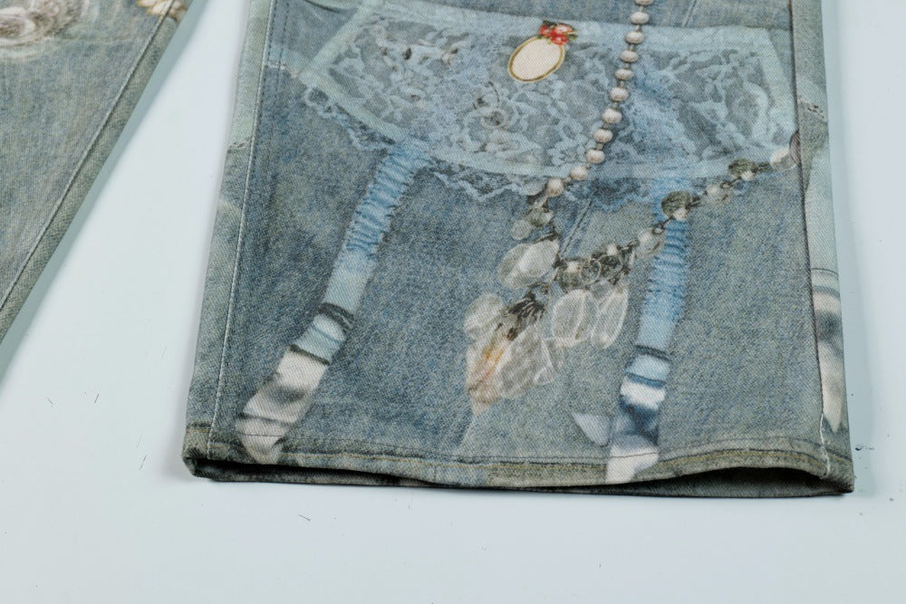 3D Digital Printed Chain Wide Leg Denim Pants | Tajstylo