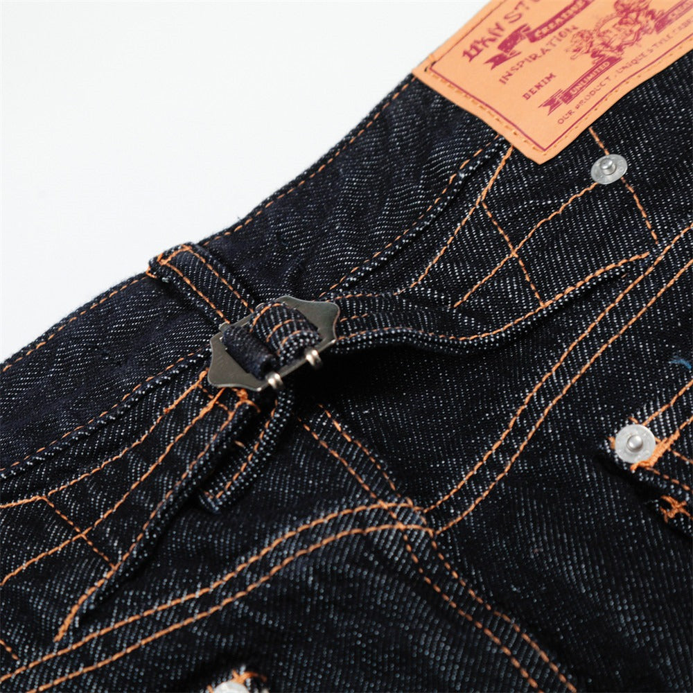 Woman wearing Original Blue Denim Straight Leg Pants in a casual outdoor setting