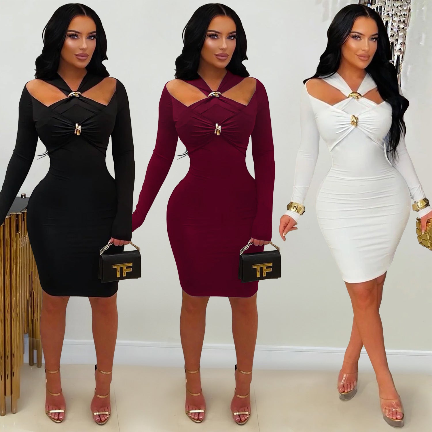 Woman wearing Solid Colour V-Neck Bodycon Midi Dress in a chic setting