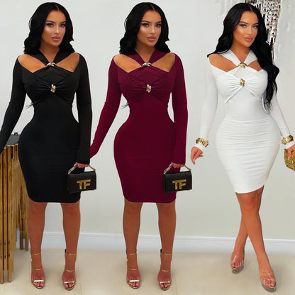 Woman wearing Solid Colour V-Neck Bodycon Midi Dress in a chic setting