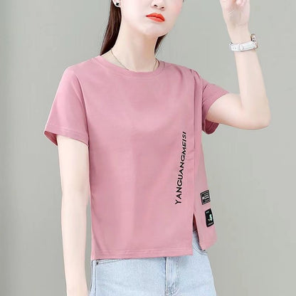 Woman wearing Chic Short Sleeve Slim Fit Top in a casual summer setting