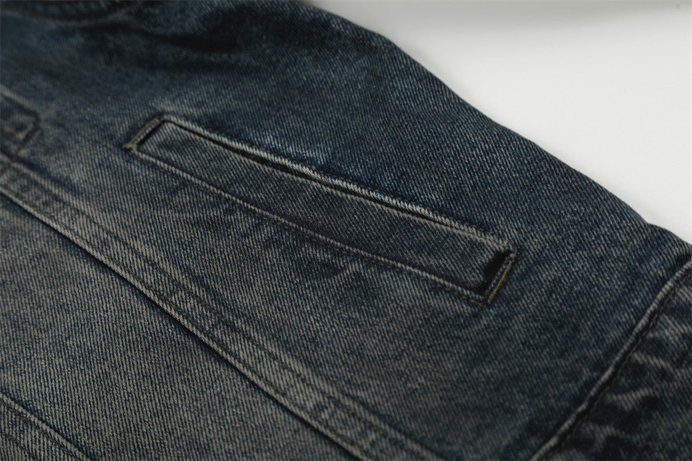 Distressed Denim Jacket with Flip Collar | Tajstylo