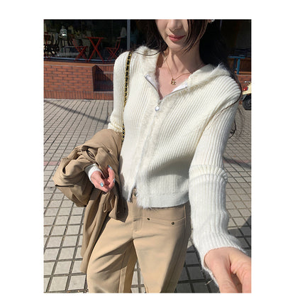 Hooded Knit Cardigan with Fur Collar | Tajstylo