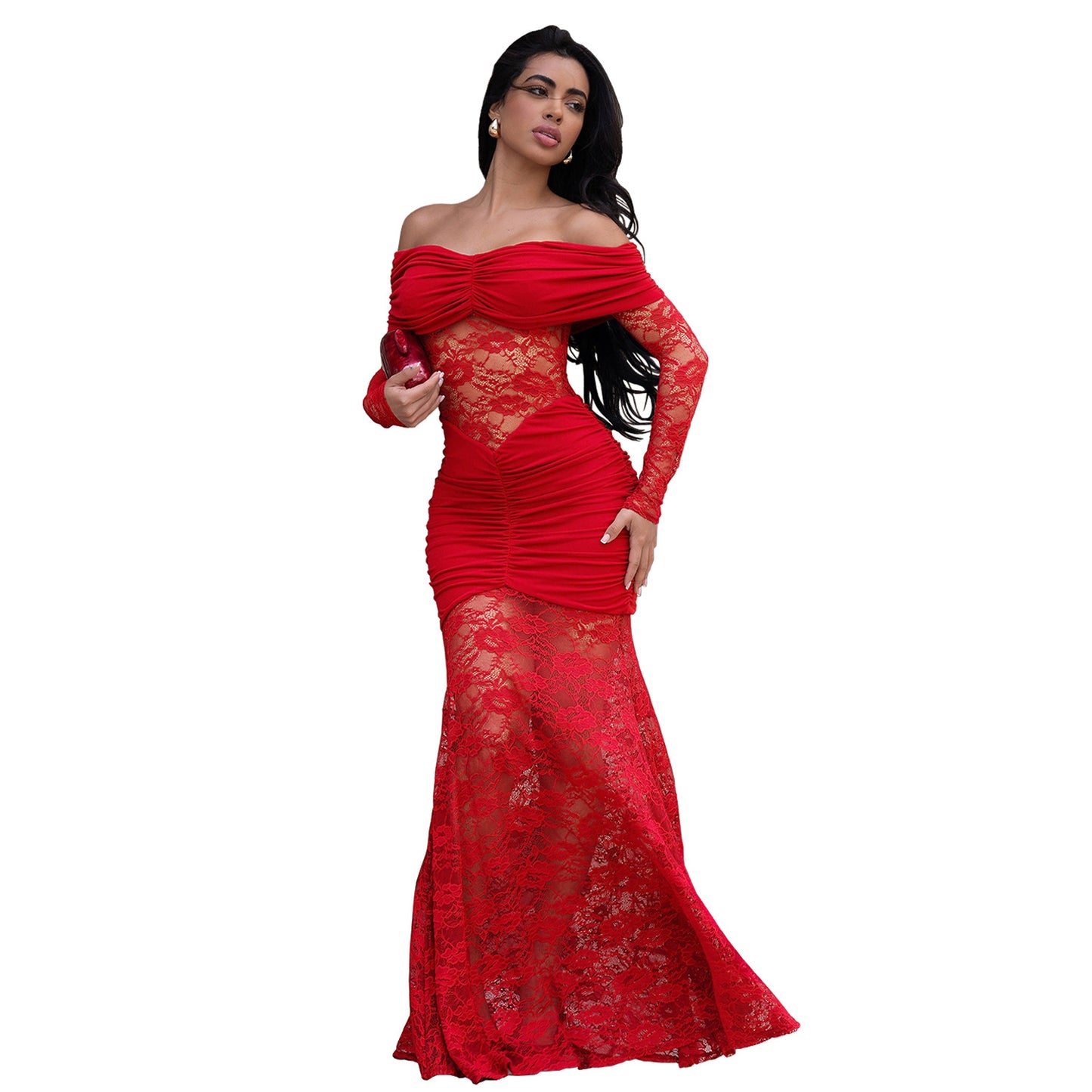 Woman wearing One-Shoulder Lace Bodycon Dress in an elegant setting