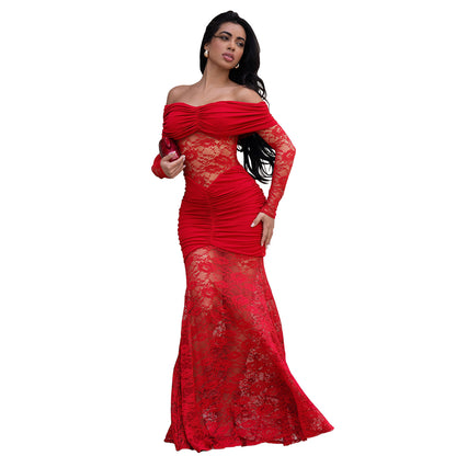 Woman wearing One-Shoulder Lace Bodycon Dress in an elegant setting