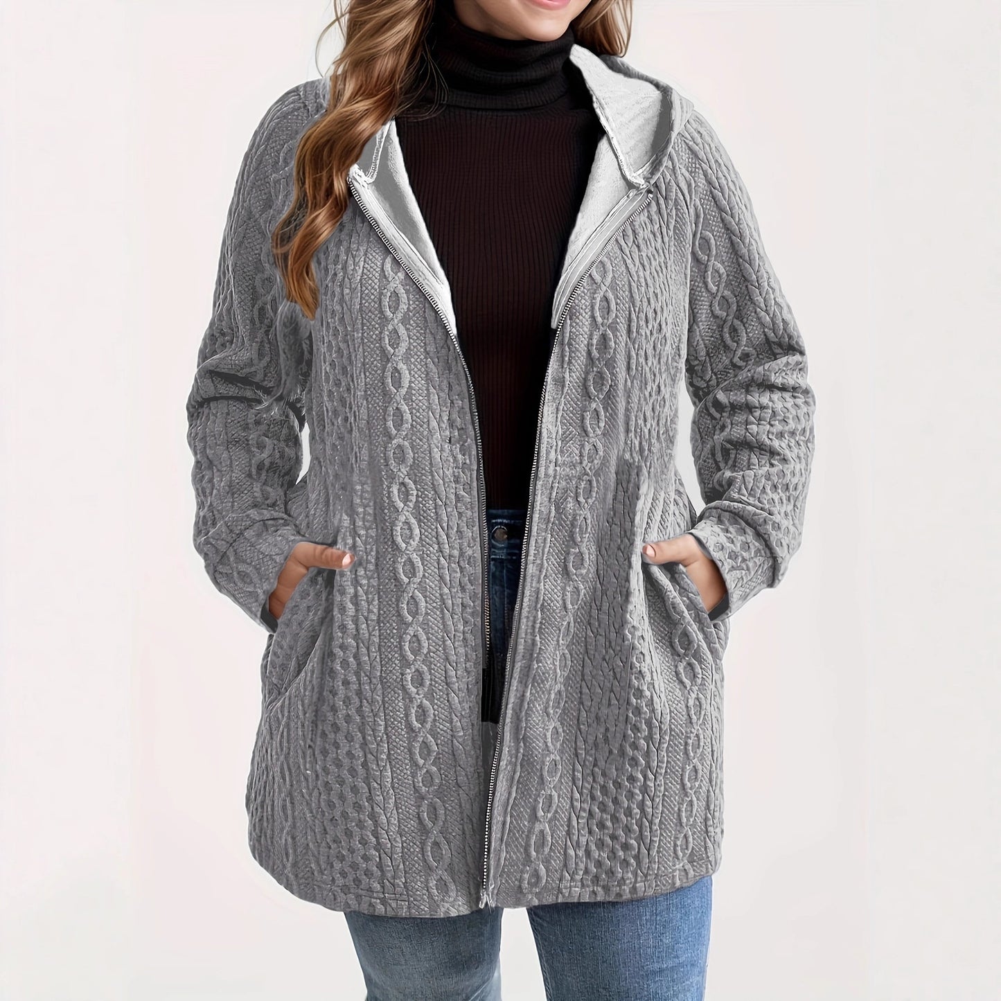 Woman wearing Solid Color Loose Zip Hoodie in a casual setting