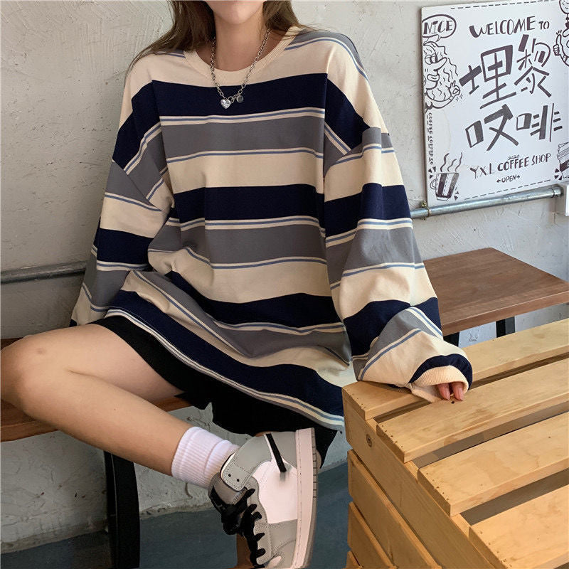 Casual Loose Stripe Long Sleeve T-Shirt | Tajstylo