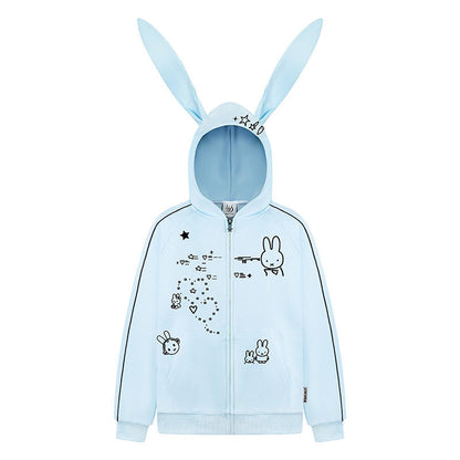 Woman wearing Embroidery Long Ear Hooded Zip-Up Hoodie in casual street setting