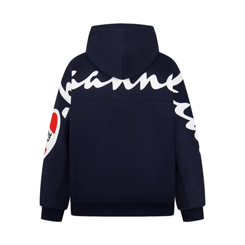 Woman wearing Letter Print Zip-Up Hoodie Sweatshirt in casual setting