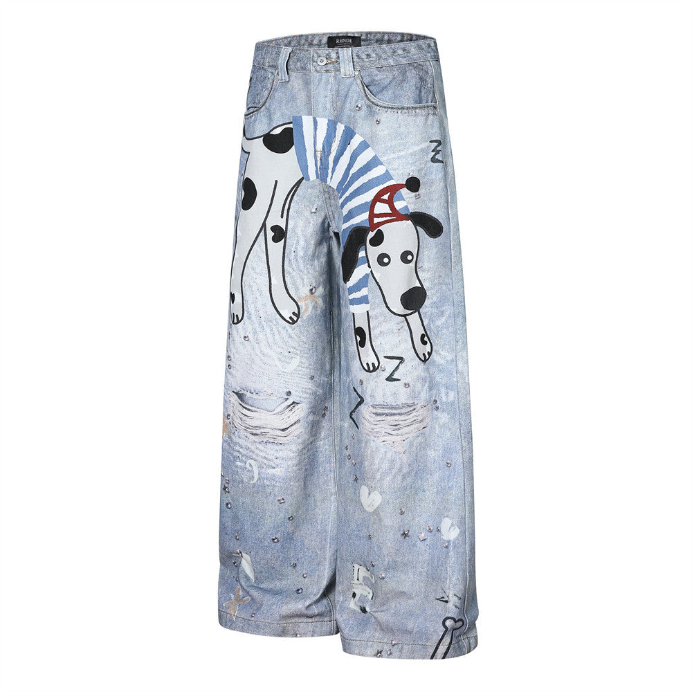 Fun Dog Cartoon Printed Denim Pants | Tajstylo