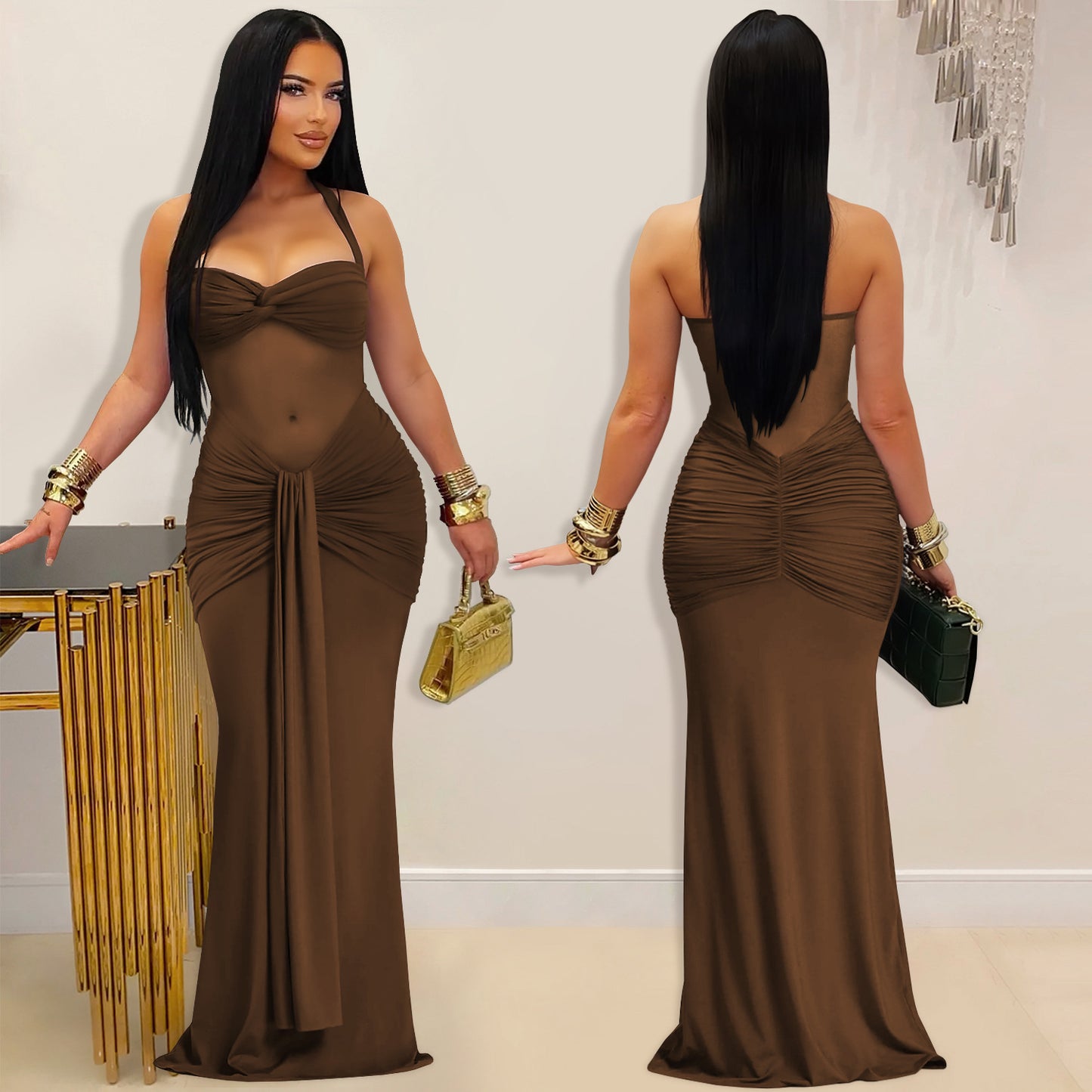 Sheer Mesh Halter Tie-Back Bodycon Dress | Tajstylo