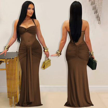 Sheer Mesh Halter Tie-Back Bodycon Dress | Tajstylo