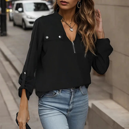 Woman wearing Autumn Long Sleeve Pullover Shirt in a cozy autumn setting