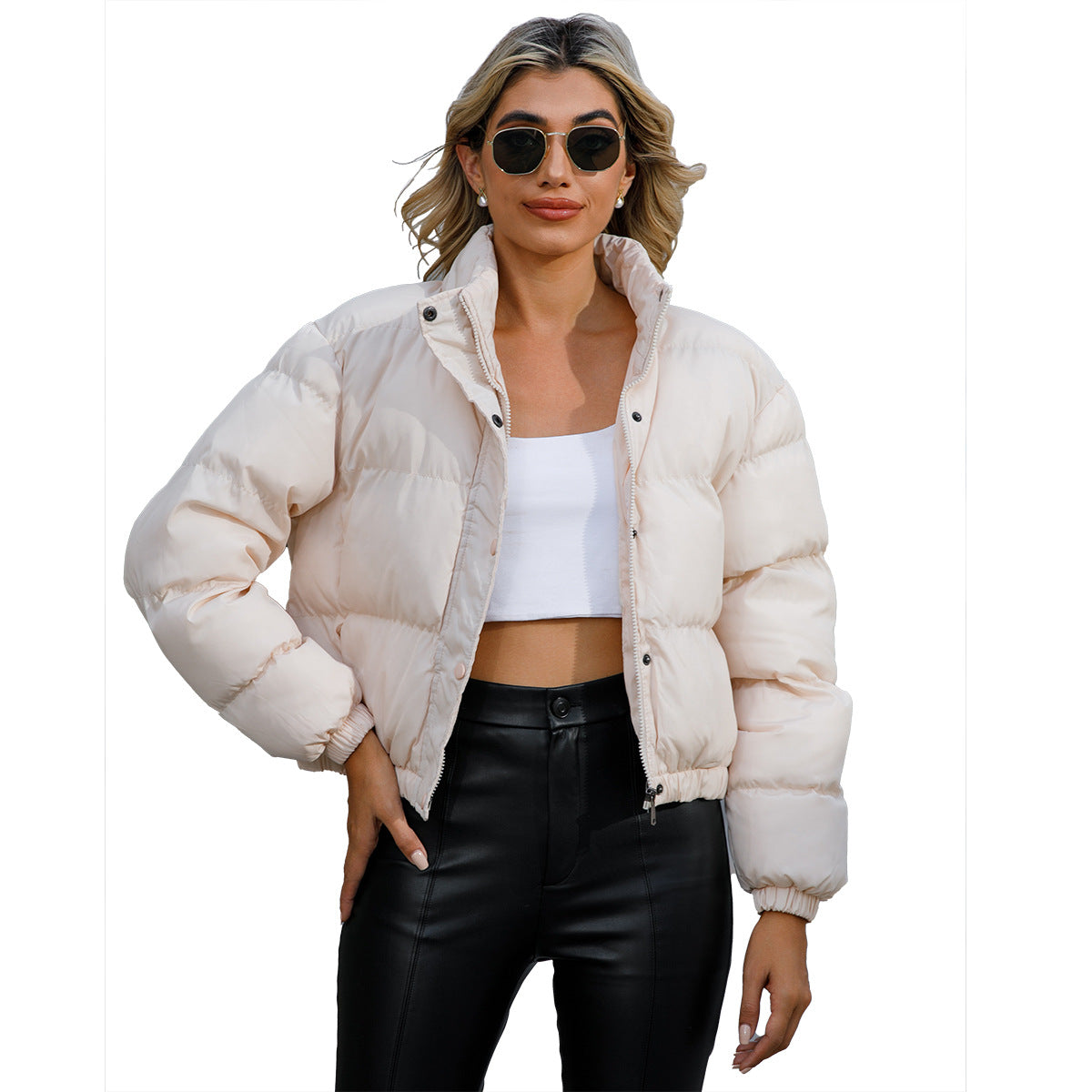 Woman wearing High Neck Loose Fit Long Sleeve Jacket in a casual outdoor setting