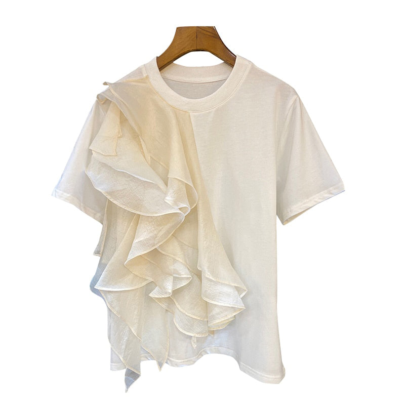 Woman wearing Patchwork Ruffle T-Shirt in a casual summer setting