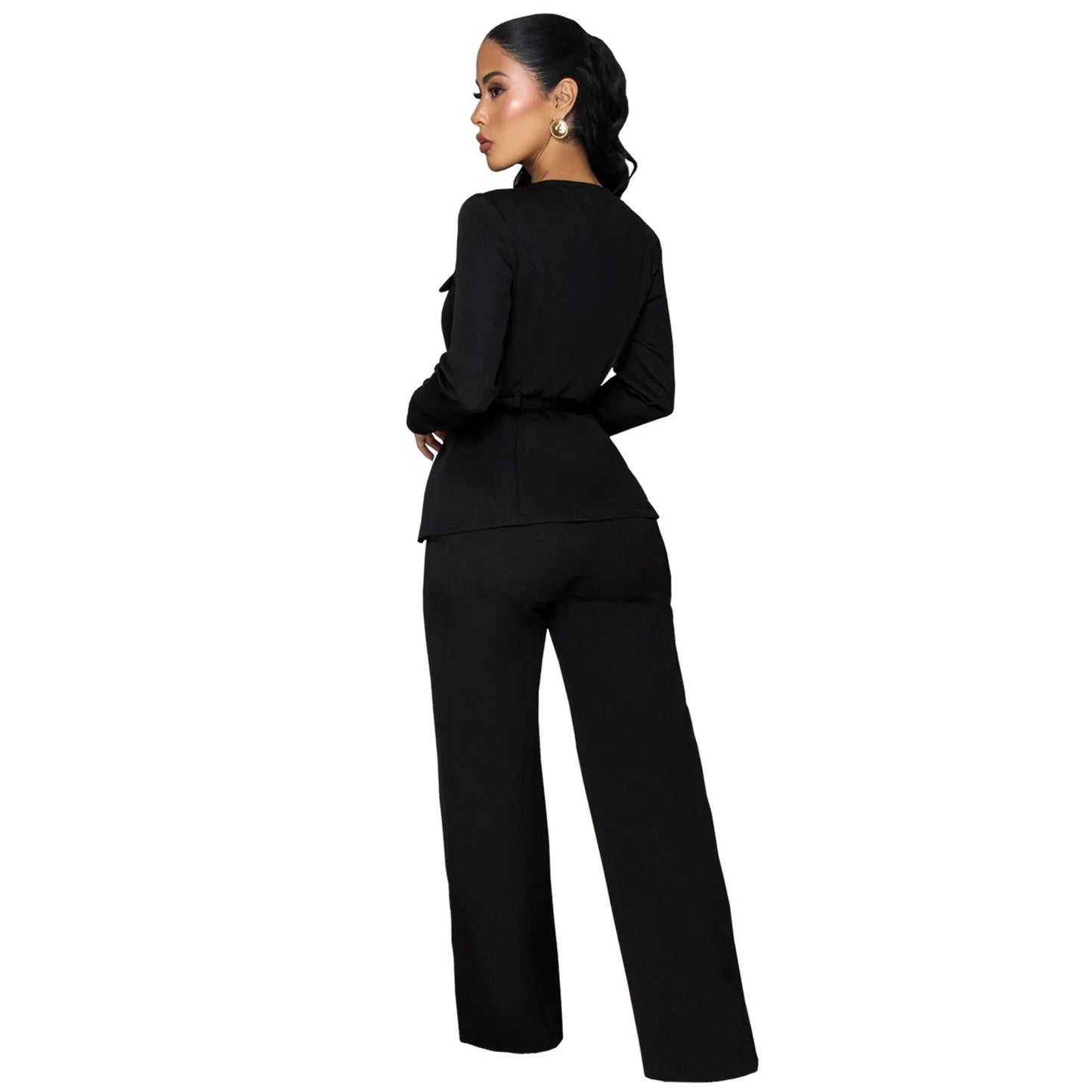 Slimming Belted Long Sleeve Top and Pants Set | Tajstylo