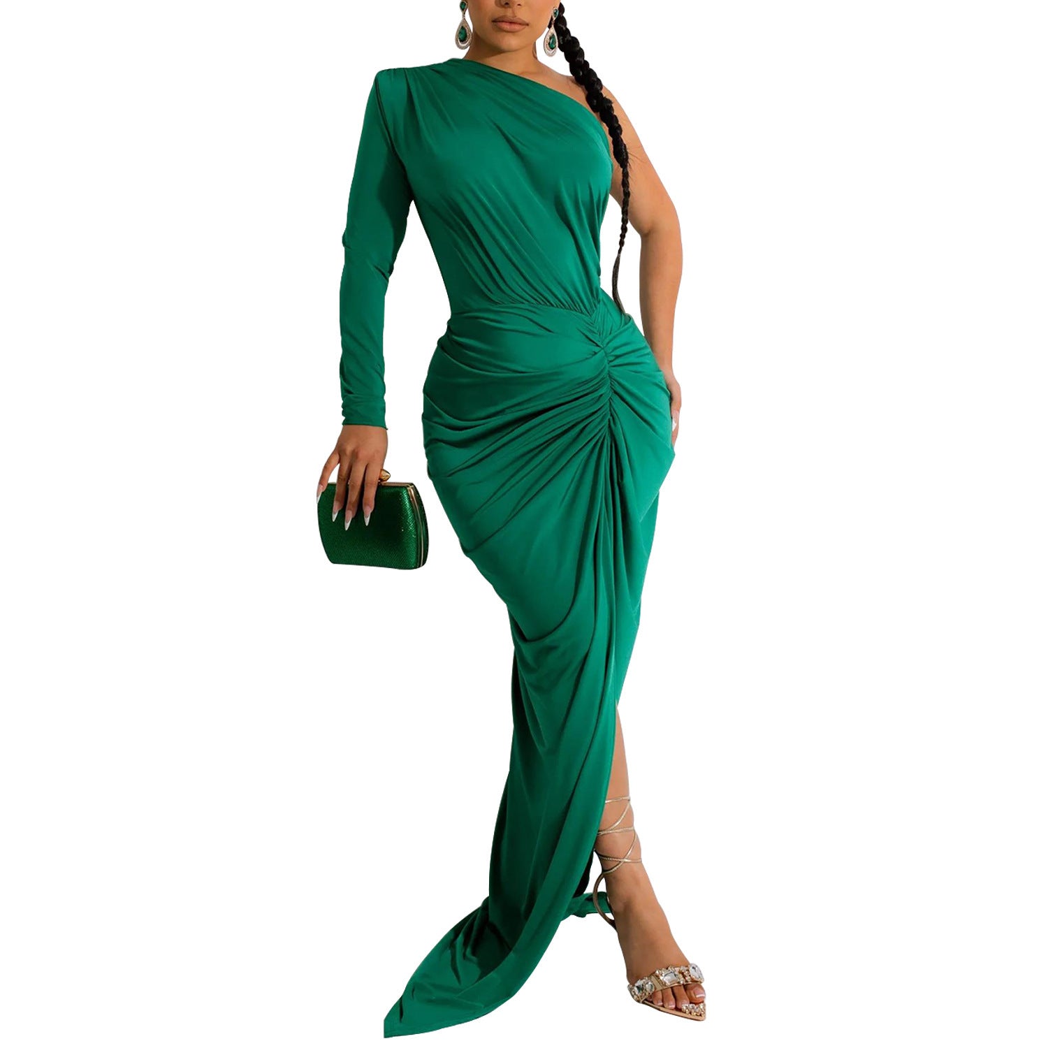 Woman wearing Asymmetric Neck Single Long Sleeve Maxi Dress in a stylish setting