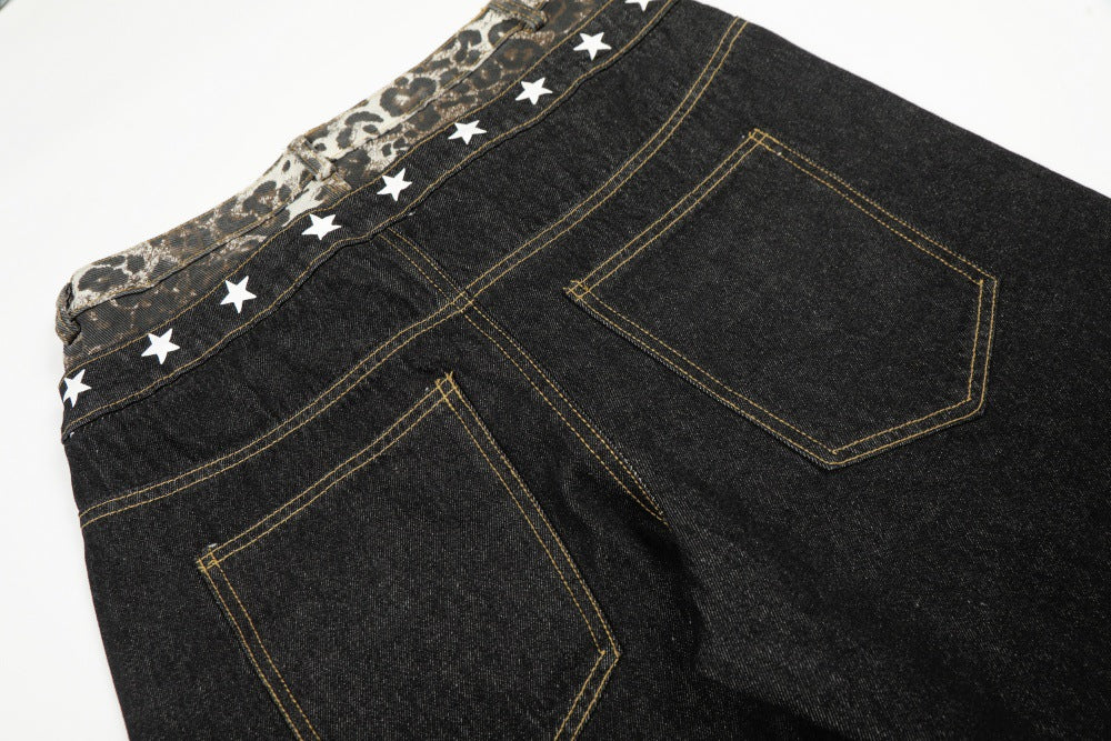 Leopard Print Spliced Denim Pants | Tajstylo
