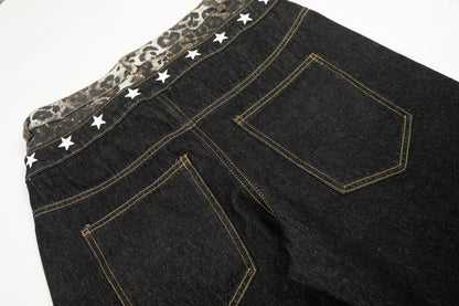 Leopard Print Spliced Denim Pants | Tajstylo